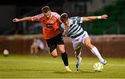 14 August 2025; John McGovern of Shamrock Rovers in action against Geralb Smajli of Ballkani during the UEFA Conference League Third Qualifying Round second leg match between Shamrock Rovers and Ballkani at Tallaght Stadium in Dublin. Photo by Stephen McCarthy/Sportsfile