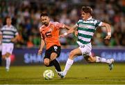 14 August 2025; John McGovern of Shamrock Rovers shoots on goal despite pressure from Almir Kryeziu of Ballkani during the UEFA Conference League Third Qualifying Round second leg match between Shamrock Rovers and Ballkani at Tallaght Stadium in Dublin. Photo by Stephen McCarthy/Sportsfile