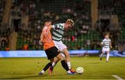 14 August 2025; Michael Noonan of Shamrock Rovers in action against Gentrit Halili of Ballkani during the UEFA Conference League Third Qualifying Round second leg match between Shamrock Rovers and Ballkani at Tallaght Stadium in Dublin. Photo by Stephen McCarthy/Sportsfile