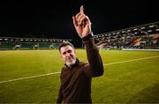 14 August 2025; Shamrock Rovers manager Stephen Bradley celebrates after the UEFA Conference League Third Qualifying Round second leg match between Shamrock Rovers and Ballkani at Tallaght Stadium in Dublin. Photo by Stephen McCarthy/Sportsfile