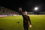 14 August 2025; Shamrock Rovers manager Stephen Bradley celebrates after the UEFA Conference League Third Qualifying Round second leg match between Shamrock Rovers and Ballkani at Tallaght Stadium in Dublin. Photo by Stephen McCarthy/Sportsfile