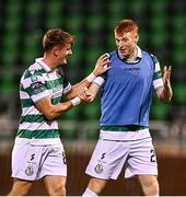 14 August 2025; Rory Gaffney of Shamrock Rovers, right, and team-mate John McGovern after the UEFA Conference League Third Qualifying Round second leg match between Shamrock Rovers and Ballkani at Tallaght Stadium in Dublin. Photo by Ben McShane/Sportsfile