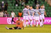 14 August 2025; Elvis Letaj of Ballkani reacts after the UEFA Conference League Third Qualifying Round second leg match between Shamrock Rovers and Ballkani at Tallaght Stadium in Dublin. Photo by Ben McShane/Sportsfile