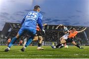 14 August 2025; Rory Gaffney of Shamrock Rovers shoots to score his side's second goal despite the efforts of Gentrit Halili of Ballkani during the UEFA Conference League Third Qualifying Round second leg match between Shamrock Rovers and Ballkani at Tallaght Stadium in Dublin. Photo by Ben McShane/Sportsfile
