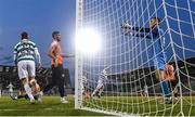 14 August 2025; Rory Gaffney of Shamrock Rovers, right, celebrates after scoring his side's second goal during the UEFA Conference League Third Qualifying Round second leg match between Shamrock Rovers and Ballkani at Tallaght Stadium in Dublin. Photo by Ben McShane/Sportsfile