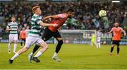 14 August 2025; Bajram Jashanica of Ballkani in action against Rory Gaffney of Shamrock Rovers during the UEFA Conference League Third Qualifying Round second leg match between Shamrock Rovers and Ballkani at Tallaght Stadium in Dublin. Photo by Stephen McCarthy/Sportsfile