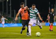 14 August 2025; Graham Burke of Shamrock Rovers in action against Bajram Jashanica of Ballkani during the UEFA Conference League Third Qualifying Round second leg match between Shamrock Rovers and Ballkani at Tallaght Stadium in Dublin. Photo by Stephen McCarthy/Sportsfile