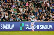 14 August 2025; Josh Honohan of Shamrock Rovers waves applauds the supporters as he leaves the pitch in a second half substitution during the UEFA Conference League Third Qualifying Round second leg match between Shamrock Rovers and Ballkani at Tallaght Stadium in Dublin. Photo by Stephen McCarthy/Sportsfile
