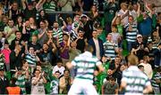 14 August 2025; Shamrock Rovers supporters celebrate after Graham Burke scored their fourth goal during the UEFA Conference League Third Qualifying Round second leg match between Shamrock Rovers and Ballkani at Tallaght Stadium in Dublin. Photo by Stephen McCarthy/Sportsfile