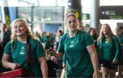14 August 2025; Sadhbh McGrath, left, and Siobhán McCarthy at Dublin Airport ahead of the Ireland Women Rugby team's departure to the UK for the 2025 Women's Rugby World Cup. Photo by Shauna Clinton/Sportsfile