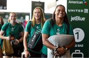 14 August 2025; Eimear Corri-Fallon, right, and team-mates at Dublin Airport ahead of the Ireland Women Rugby team's departure to the UK for the 2025 Women's Rugby World Cup. Photo by Shauna Clinton/Sportsfile
