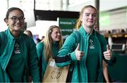 14 August 2025; Ruth Campbell, right, and Nancy McGillivray at Dublin Airport ahead of the Ireland Women Rugby team's departure to the UK for the 2025 Women's Rugby World Cup. Photo by Shauna Clinton/Sportsfile