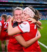 3 August 2025; Louth players Mischa Rooney, left, and Mia Duffy celebrate after their side's victory in the TG4 All-Ireland Ladies Football Junior Championship final match between Antrim and Louth at Croke Park in Dublin. Photo by Piaras Ó Mídheach/Sportsfile