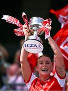 3 August 2025; Louth captain Áine Breen of Louth lifts the West County Hotel cup after her side's victory in the TG4 All-Ireland Ladies Football Junior Championship final match between Antrim and Louth at Croke Park in Dublin. Photo by Piaras Ó Mídheach/Sportsfile