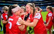3 August 2025; Louth players Rachel O'Connor Leonard, right, and Mia Duffy celebrate after the TG4 All-Ireland Ladies Football Junior Championship final match between Antrim and Louth at Croke Park in Dublin. Photo by Piaras Ó Mídheach/Sportsfile