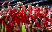 3 August 2025; Louth players celebrate after the TG4 All-Ireland Ladies Football Junior Championship final match between Antrim and Louth at Croke Park in Dublin. Photo by Piaras Ó Mídheach/Sportsfile