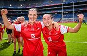 3 August 2025; Louth players Laura Collins, left, and Aoife Russell celebrate after the TG4 All-Ireland Ladies Football Junior Championship final match between Antrim and Louth at Croke Park in Dublin. Photo by Piaras Ó Mídheach/Sportsfile