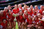 3 August 2025; Louth players celebrate after the TG4 All-Ireland Ladies Football Junior Championship final match between Antrim and Louth at Croke Park in Dublin. Photo by Piaras Ó Mídheach/Sportsfile