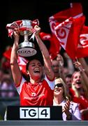 3 August 2025; Louth captain Áine Breen of Louth lifts the West County Hotel cup after her side's victory in the TG4 All-Ireland Ladies Football Junior Championship final match between Antrim and Louth at Croke Park in Dublin. Photo by Piaras Ó Mídheach/Sportsfile