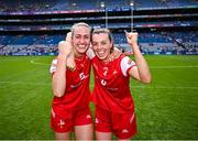 3 August 2025; Louth players Kate Flood, left, and Eimear Murray celebrate after their side's victory in the TG4 All-Ireland Ladies Football Junior Championship final match between Antrim and Louth at Croke Park in Dublin. Photo by Piaras Ó Mídheach/Sportsfile