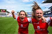 3 August 2025; Louth players Eimear Byrne, left, and Rachel O'Connor Leonard celebrate after the TG4 All-Ireland Ladies Football Junior Championship final match between Antrim and Louth at Croke Park in Dublin. Photo by Piaras Ó Mídheach/Sportsfile