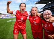 3 August 2025; Louth players, from left, Eimear Byrne, Rachel O'Connor Leonard and Mischa Rooney celebrate after the TG4 All-Ireland Ladies Football Junior Championship final match between Antrim and Louth at Croke Park in Dublin. Photo by Piaras Ó Mídheach/Sportsfile