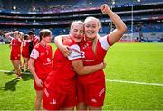 3 August 2025; Louth players Aoife Halligan, left, and Seóna Halligan celebrate after the TG4 All-Ireland Ladies Football Junior Championship final match between Antrim and Louth at Croke Park in Dublin. Photo by Piaras Ó Mídheach/Sportsfile
