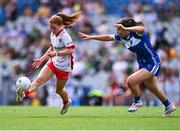 3 August 2025; Sorcha Gormley of Tyrone in action against Faye McEvoy of Laois during the TG4 All-Ireland Ladies Football Intermediate Championship final match between Laois and Tyrone at Croke Park in Dublin. Photo by Piaras Ó Mídheach/Sportsfile