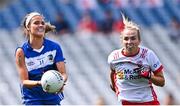 3 August 2025; Eva Galvin of Laois in action against Méabh Mallon of Tyrone during the TG4 All-Ireland Ladies Football Intermediate Championship final match between Laois and Tyrone at Croke Park in Dublin. Photo by Piaras Ó Mídheach/Sportsfile