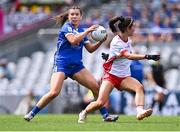 3 August 2025; Faye McEvoy of Laois in action against Méabh Corrigan of Tyrone during the TG4 All-Ireland Ladies Football Intermediate Championship final match between Laois and Tyrone at Croke Park in Dublin. Photo by Piaras Ó Mídheach/Sportsfile