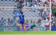 3 August 2025; Laois goalkeeper Eimear Barry saves a penalty from Sorcha Gormley of Tyrone during the TG4 All-Ireland Ladies Football Intermediate Championship final match between Laois and Tyrone at Croke Park in Dublin. Photo by Piaras Ó Mídheach/Sportsfile