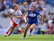 3 August 2025; Sorcha Gormley of Tyrone in action against Faye McEvoy of Laois during the TG4 All-Ireland Ladies Football Intermediate Championship final match between Laois and Tyrone at Croke Park in Dublin. Photo by Piaras Ó Mídheach/Sportsfile