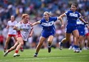 3 August 2025; Sorcha Gormley of Tyrone in action against Andrea Moran of Laois during the TG4 All-Ireland Ladies Football Intermediate Championship final match between Laois and Tyrone at Croke Park in Dublin. Photo by Piaras Ó Mídheach/Sportsfile