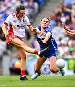 3 August 2025; Emer McCanny of Tyrone in action against Shifra Havill of Laois during the TG4 All-Ireland Ladies Football Intermediate Championship final match between Laois and Tyrone at Croke Park in Dublin. Photo by Piaras Ó Mídheach/Sportsfile