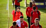 15 August 2025; Ronan Manning of Sligo Rovers, left, and teammates before the Sports Direct Men’s FAI Cup third round match between Bohemians and Sligo Rovers at Dalymount Park in Dublin. Photo by Seb Daly/Sportsfile