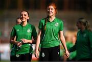 15 August 2025; Ella Kelly, left, and Katie O'Reilly of Shamrock Rovers before the Sports Direct Women's FAI Cup quarter-final match between Shelbourne and Shamrock Rovers at Tolka Park in Dublin. Photo by Ben McShane/Sportsfile