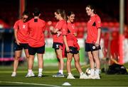 15 August 2025; Aoife Sheridan, left, and Sarah McCaffrey of Shelbourne before the Sports Direct Women's FAI Cup quarter-final match between Shelbourne and Shamrock Rovers at Tolka Park in Dublin. Photo by Ben McShane/Sportsfile