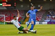 15 August 2025; Jordan Rossiter of Waterford is tackled by Darragh Crowley of Cork City during the Sports Direct Men’s FAI Cup third round match between Cork City and Waterford at Turner's Cross in Cork. Photo by Tyler Miller/Sportsfile