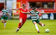 15 August 2025; Ella Kelly of Shamrock Rovers in action against Aoibheann Clancy of Shelbourne during the Sports Direct Women's FAI Cup quarter-final match between Shelbourne and Shamrock Rovers at Tolka Park in Dublin. Photo by Ben McShane/Sportsfile
