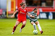 15 August 2025; Ella Kelly of Shamrock Rovers in action against Aoibheann Clancy of Shelbourne during the Sports Direct Women's FAI Cup quarter-final match between Shelbourne and Shamrock Rovers at Tolka Park in Dublin. Photo by Ben McShane/Sportsfile