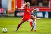 15 August 2025; Ella Kelly of Shamrock Rovers in action against Aoibheann Clancy of Shelbourne during the Sports Direct Women's FAI Cup quarter-final match between Shelbourne and Shamrock Rovers at Tolka Park in Dublin. Photo by Ben McShane/Sportsfile
