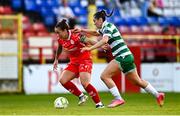 15 August 2025; Pearl Slattery of Shelbourne in action against Melissa O'Kane of Shamrock Rovers during the Sports Direct Women's FAI Cup quarter-final match between Shelbourne and Shamrock Rovers at Tolka Park in Dublin. Photo by Ben McShane/Sportsfile