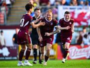 15 August 2025; Stephen Walsh of Galway United, second from right, celebrates after scoring his side's second goal during the Sports Direct Men’s FAI Cup third round match between Salthill Devon and Galway United at Eamonn Deacy Park in Galway. Photo by Piaras Ó Mídheach/Sportsfile