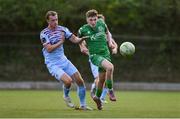 15 August 2025; Sean O'Connell of Kerry FC in action against Harvey Cribb of Cobh Ramblers during the Sports Direct Men’s FAI Cup third round match between Kerry FC and Cobh Ramblers at Mounthawk Park in Tralee, Kerry. Photo by Brendan Moran/Sportsfile