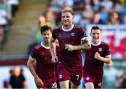 15 August 2025; Stephen Walsh of Galway United, centre, celebrates after scoring his side's second goal during the Sports Direct Men’s FAI Cup third round match between Salthill Devon and Galway United at Eamonn Deacy Park in Galway. Photo by Piaras Ó Mídheach/Sportsfile