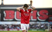 15 August 2025; Ryan O'Kane of Sligo Rovers reacts during the Sports Direct Men’s FAI Cup third round match between Bohemians and Sligo Rovers at Dalymount Park in Dublin. Photo by Seb Daly/Sportsfile