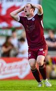 15 August 2025; Robert Burns of Galway United reacts after a miss during the Sports Direct Men’s FAI Cup third round match between Salthill Devon and Galway United at Eamonn Deacy Park in Galway. Photo by Piaras Ó Mídheach/Sportsfile