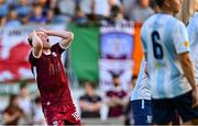 15 August 2025; Robert Burns of Galway United reacts after a miss during the Sports Direct Men’s FAI Cup third round match between Salthill Devon and Galway United at Eamonn Deacy Park in Galway. Photo by Piaras Ó Mídheach/Sportsfile