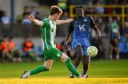 15 August 2025; Gradi Lomboto of Finn Harps in action against Jamie Duggan of Bray Wanderers during the Sports Direct Men’s FAI Cup third round match between Finn Harps and Bray Wanderers at Finn Park in Ballybofey, Donegal. Photo by Ramsey Cardy/Sportsfile
