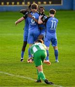 15 August 2025; Max Hutchinson of Finn Harps celebrates with teammates after scoring their side's second goal during the Sports Direct Men’s FAI Cup third round match between Finn Harps and Bray Wanderers at Finn Park in Ballybofey, Donegal. Photo by Ramsey Cardy/Sportsfile
